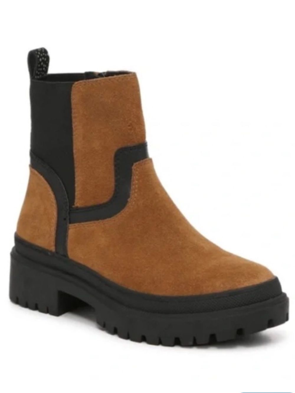 Lucky Brand 6 Eabile Suede Cognac Black Combo Lug Chunky Sole Zip Ankle Boots